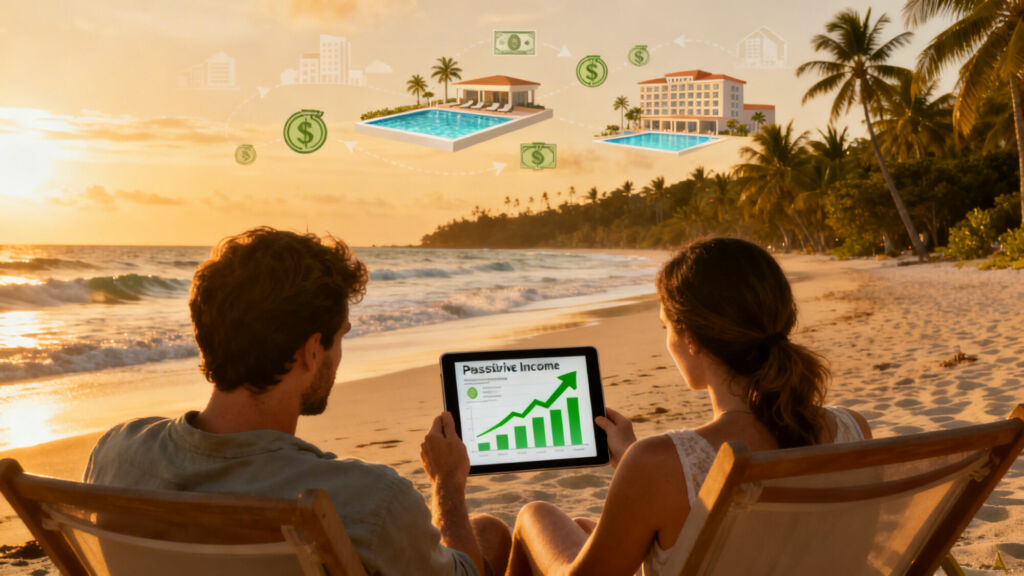 Casal planejando investimentos à beira-mar.