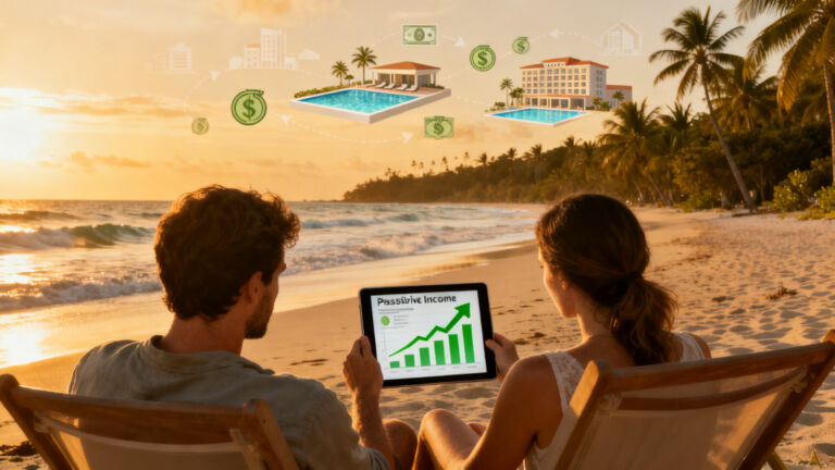 Casal planejando investimentos à beira-mar.
