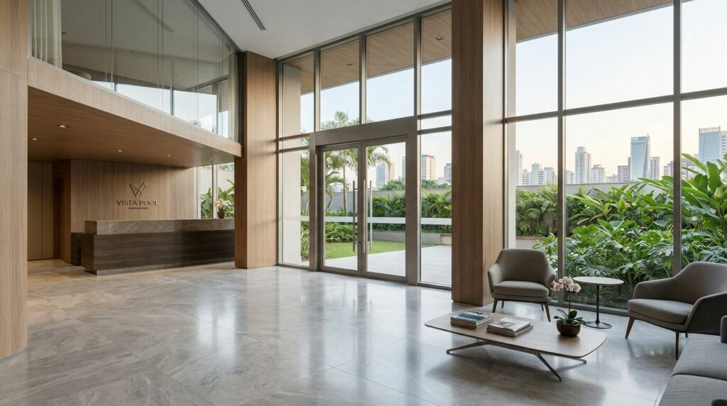 Lobby moderno com vista urbana.