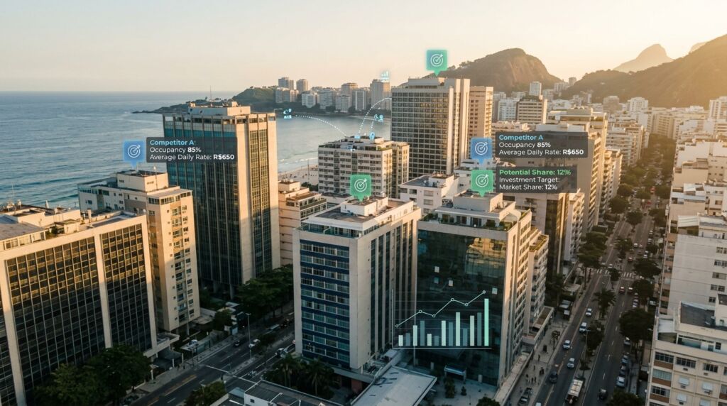 vista aérea de distrito com hotéis e flats marcados por indicadores de comparação representando a análise de concorrência hoteleira.