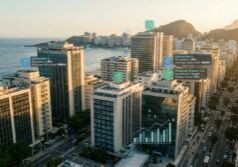 vista aérea de distrito com hotéis e flats marcados por indicadores de comparação representando a análise de concorrência hoteleira.